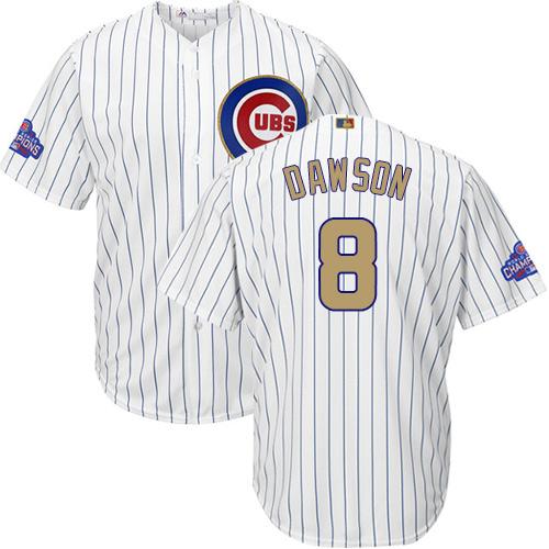 Cubs #8 Andre Dawson White(Blue Strip) Gold Program Cool Base Stitched MLB Jersey - Click Image to Close